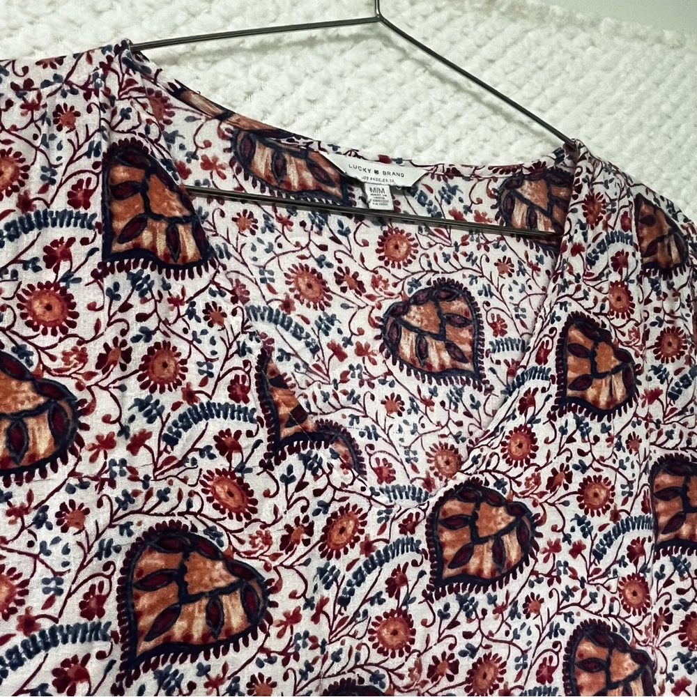 Lucky Brand Blouse Orange Maroon Details Floral Flowy Loose Fit Peasant Sleeve - Picture 5 of 8